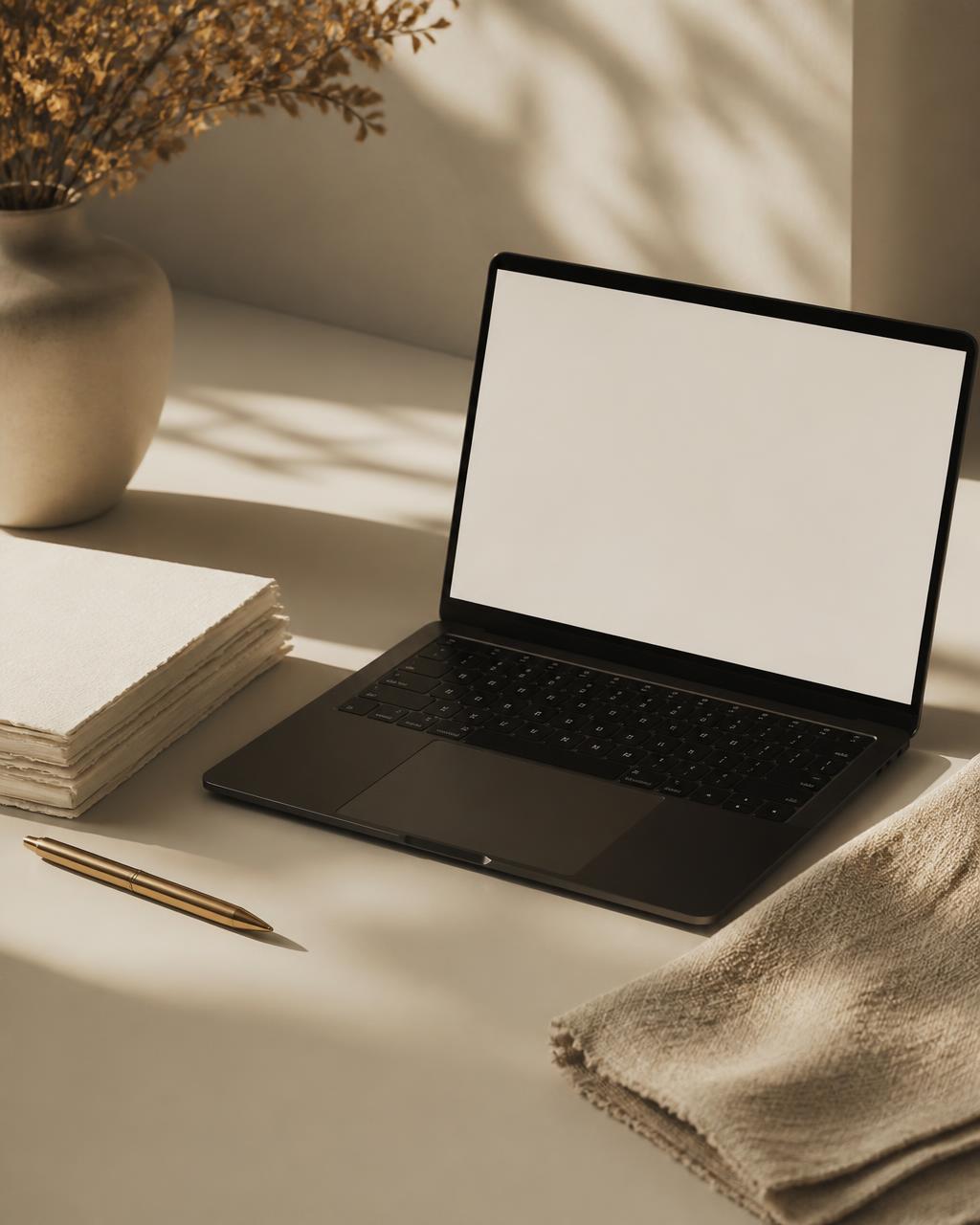 A laptop, hand-bound cream paper, a brass pen and a linen swatch on a warm cream studio desk