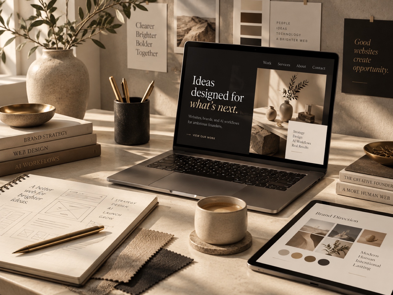 A sunlit studio desk: a laptop showing a dark editorial website design, brand-direction boards, wireframe sketches and gold pens on warm cream stone